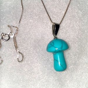Psychedelic Boho Hippie Turquoise Mushroom Sterling Silver Necklace 18”